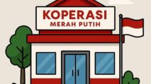 Ilustrasi bangunan Koperasi Merah Putih lengkap dengan bendera Indonesia dan elemen pepohonan di sekitarnya.