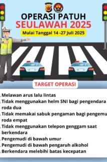 Poster Operasi Patuh Seulawah 2025 dengan petugas polisi lalu lintas dan mobil patroli di zebra cross, memuat daftar pelanggaran lalu lintas yang menjadi target operasi.