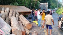 Truk pengangkut kayu terguling di jalan Bukit Seumadam, Aceh Tamiang, dengan kayu gelondongan berserakan dan warga berdiri di lokasi kejadian.
