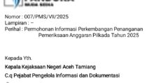 Surat resmi LSM PANDORA kepada Kejaksaan Negeri Aceh Tamiang terkait permohonan informasi perkembangan pemeriksaan anggaran Pilkada 2025
