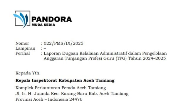 Spanduk ilustrasi tunjangan guru Aceh Tamiang yang belum cair sejak akhir 2024, dilaporkan LSM PANDORA MUDA SEDIA ke Inspektorat.