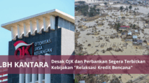 Kolase foto menunjukkan logo gedung Otoritas Jasa Keuangan (OJK) berlatar banjir dan pemandangan kerusakan parah pemukiman warga akibat banjir bandang di Aceh Tamiang, sebagai ilustrasi tuntutan relaksasi kredit.