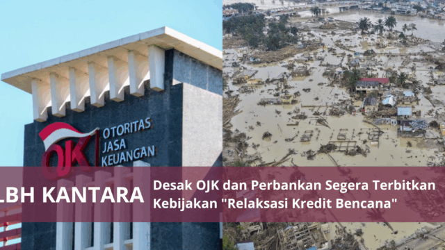 Kolase foto menunjukkan logo gedung Otoritas Jasa Keuangan (OJK) berlatar banjir dan pemandangan kerusakan parah pemukiman warga akibat banjir bandang di Aceh Tamiang, sebagai ilustrasi tuntutan relaksasi kredit.