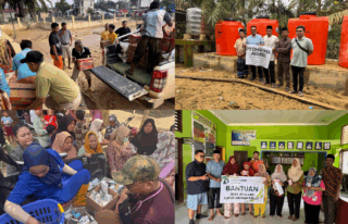 Kolase foto dokumentasi PT Evans Group menyalurkan bantuan sembako, uang meugang, dan fasilitas sumur bor untuk korban banjir di Aceh Tamiang.