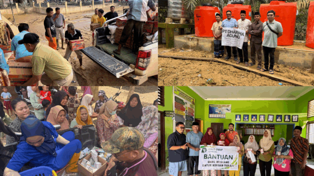 Kolase foto dokumentasi PT Evans Group menyalurkan bantuan sembako, uang meugang, dan fasilitas sumur bor untuk korban banjir di Aceh Tamiang.