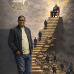 Ilustrasi Said Zahirsyah mengamati tangga karier menuju puncak kekuasaan dengan simbol dominasi alumni D3 STAN dan logo Bea Cukai di latar belakang