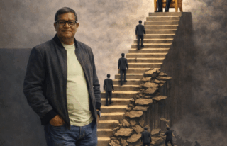 Ilustrasi Said Zahirsyah mengamati tangga karier menuju puncak kekuasaan dengan simbol dominasi alumni D3 STAN dan logo Bea Cukai di latar belakang