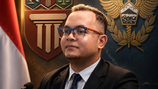Direktur LBH Kantara Aji Lingga menyampaikan pandangan terkait kebutuhan revisi UU Kepabeanan dan UU Cukai di tengah agenda hilirisasi nasional, dengan latar logo Kantara, simbol Bea Cukai, dan bendera Merah Putih.